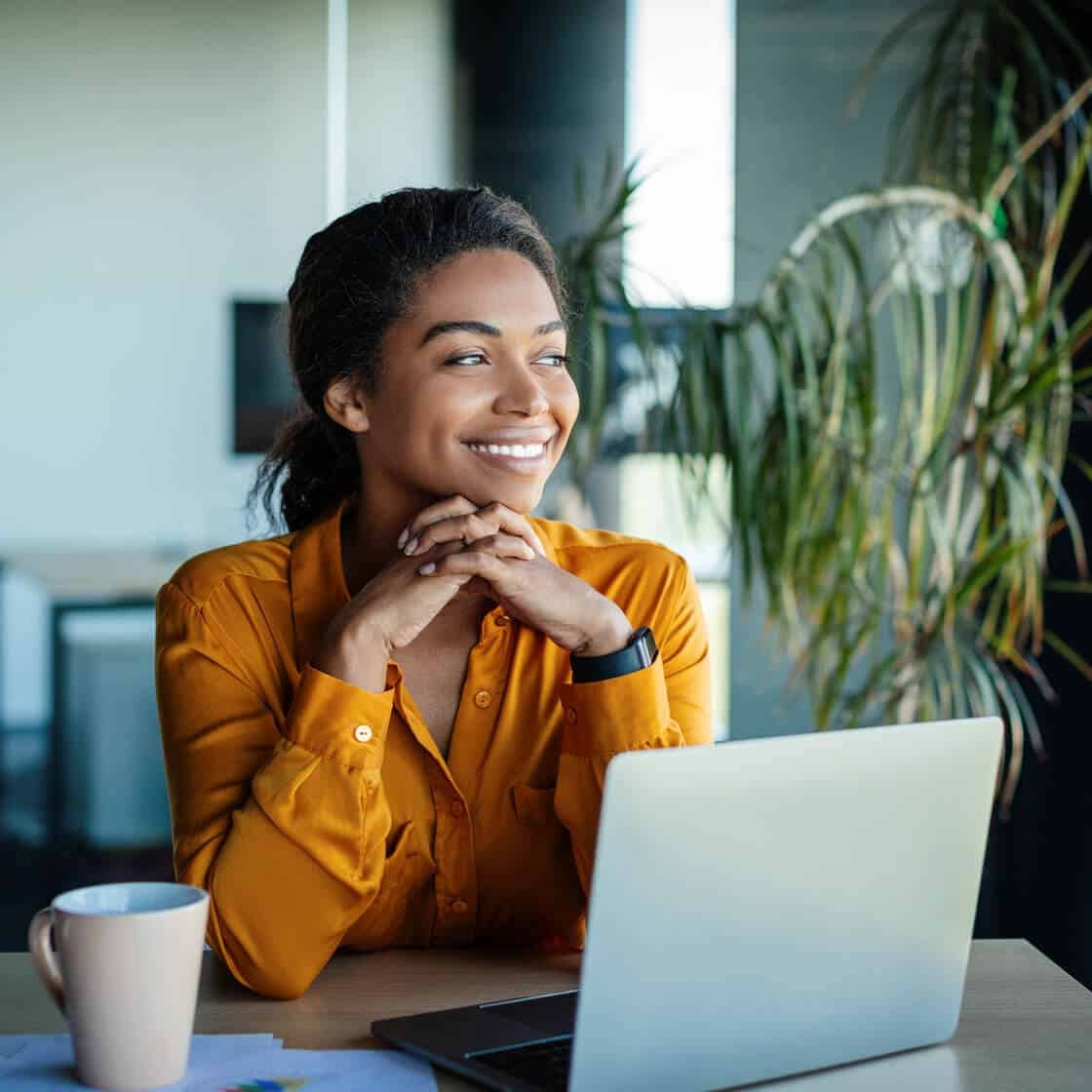 Happy lady using computer