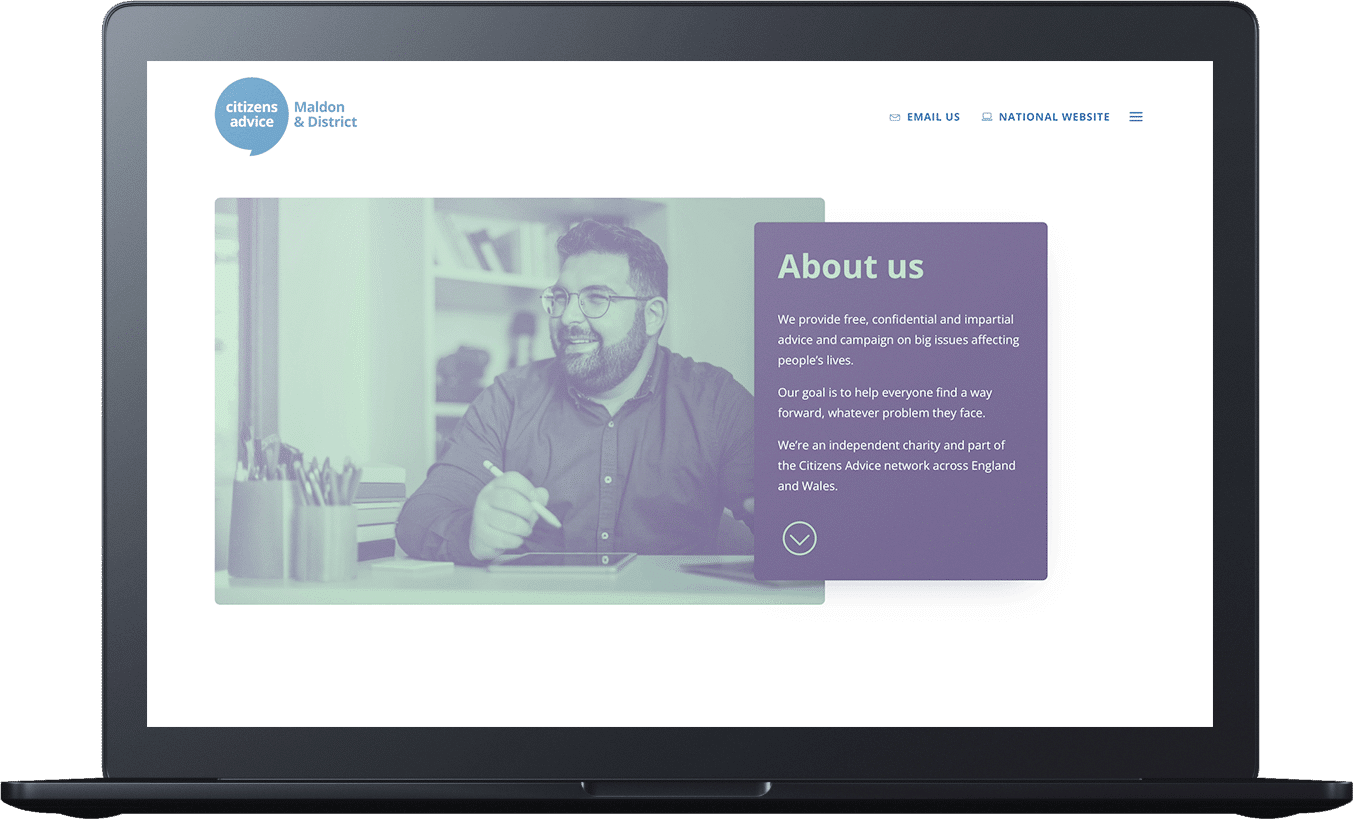 A laptop showcasing a website featuring a man's face, designed by Citizens Advice.