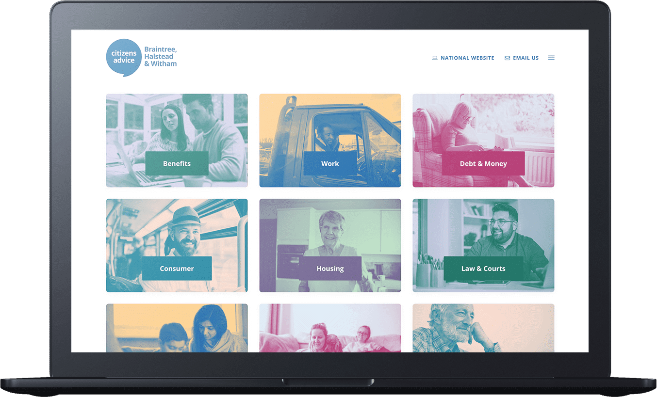 A laptop showcasing a website with images of individuals, designed for Citizens Advice.