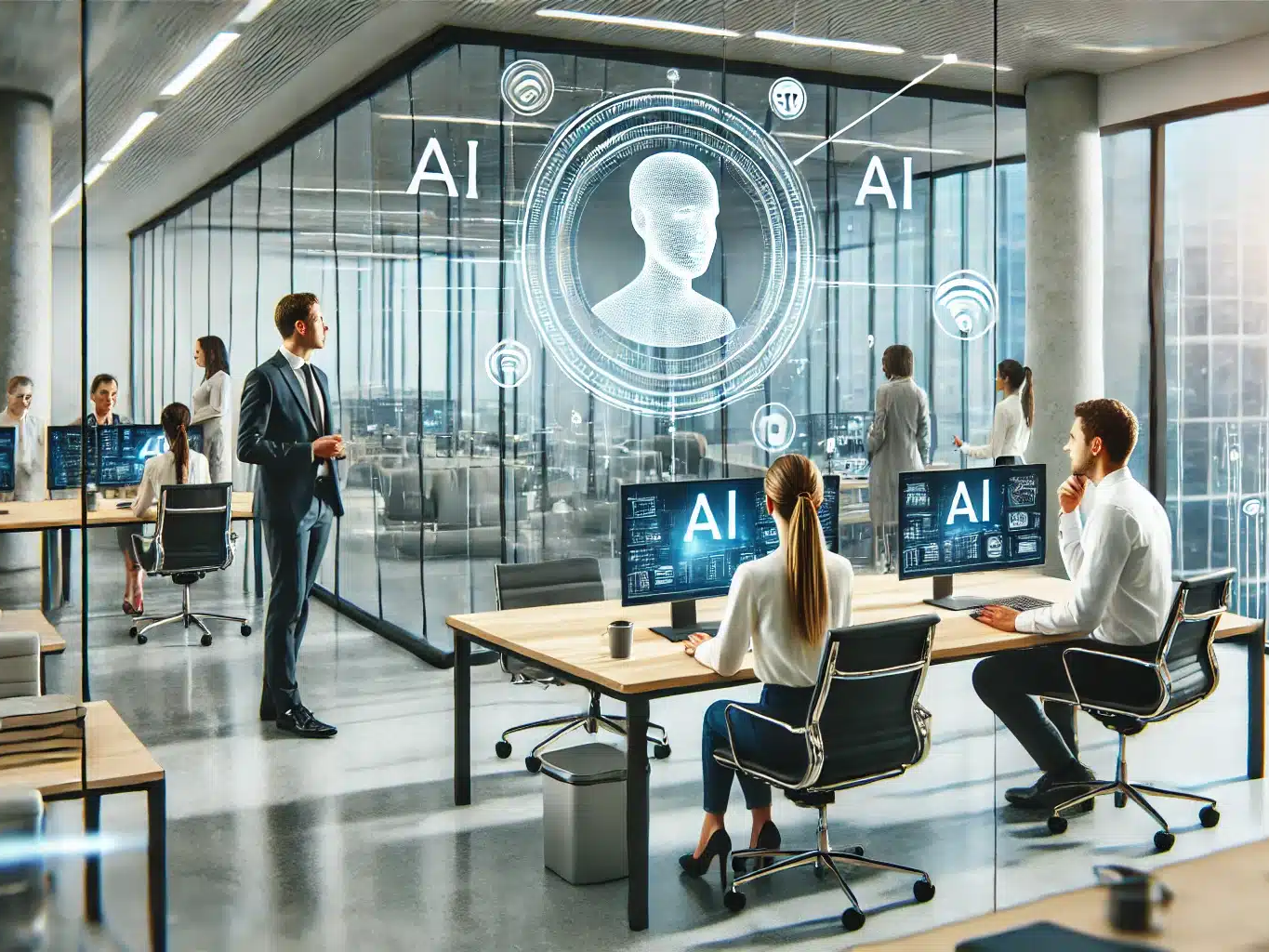 Office setting with people working at desks. A man is standing and presenting a large holographic AI interface on a glass wall, transforming business operations right before our eyes. Multiple screens and computers are visible in the modern workspace, showcasing the future of work.