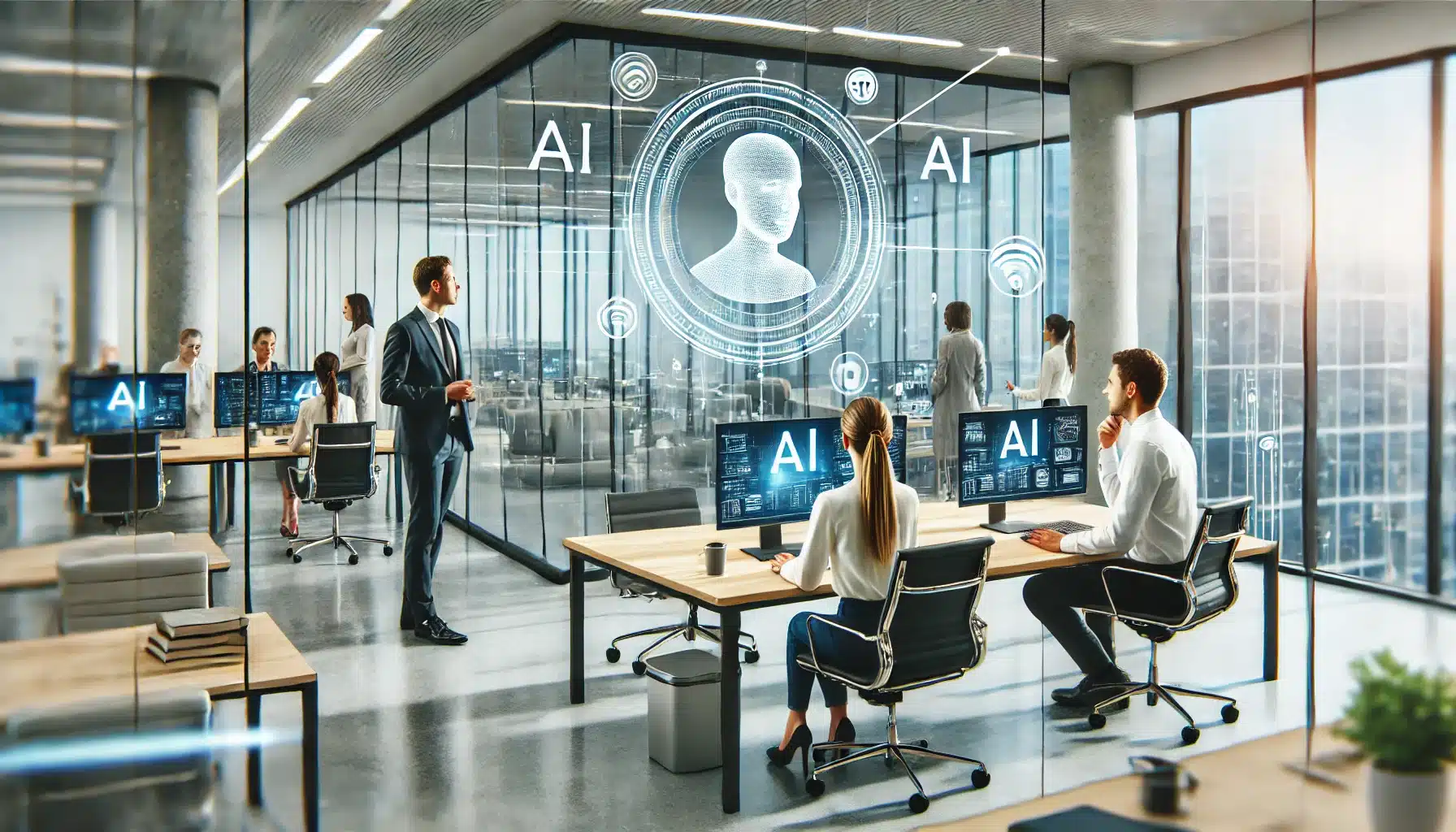 Office setting with people working at desks. A man is standing and presenting a large holographic AI interface on a glass wall, transforming business operations right before our eyes. Multiple screens and computers are visible in the modern workspace, showcasing the future of work.