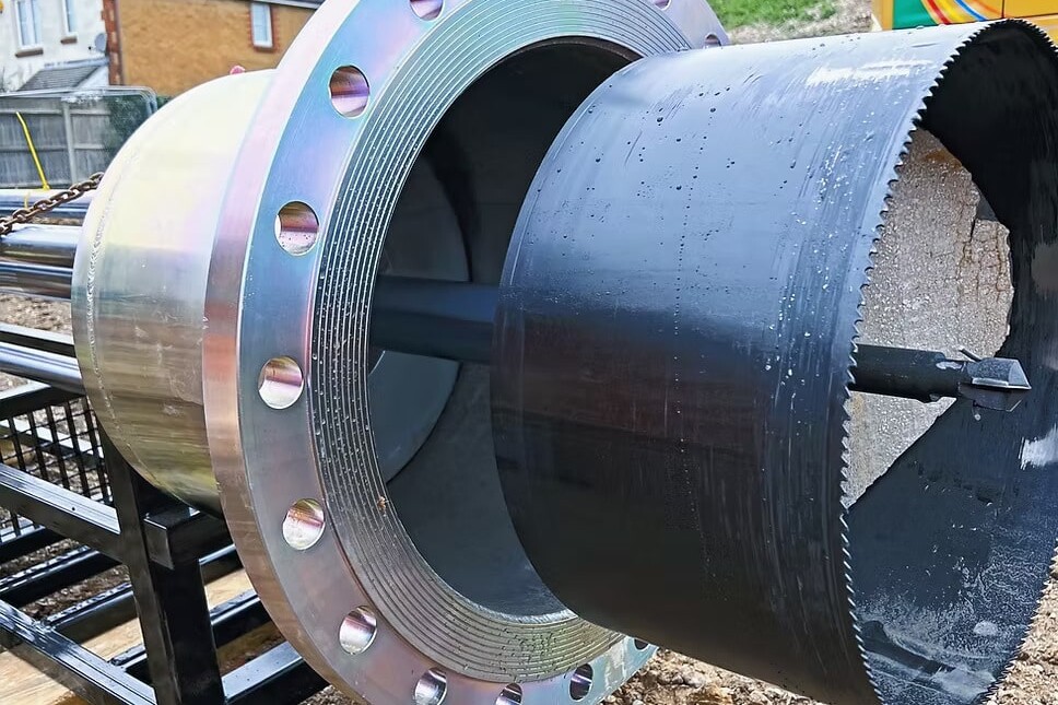 A large core drilling machine with a cylindrical drill bit is positioned outdoors, partially inside a metal pipe, on a construction site.