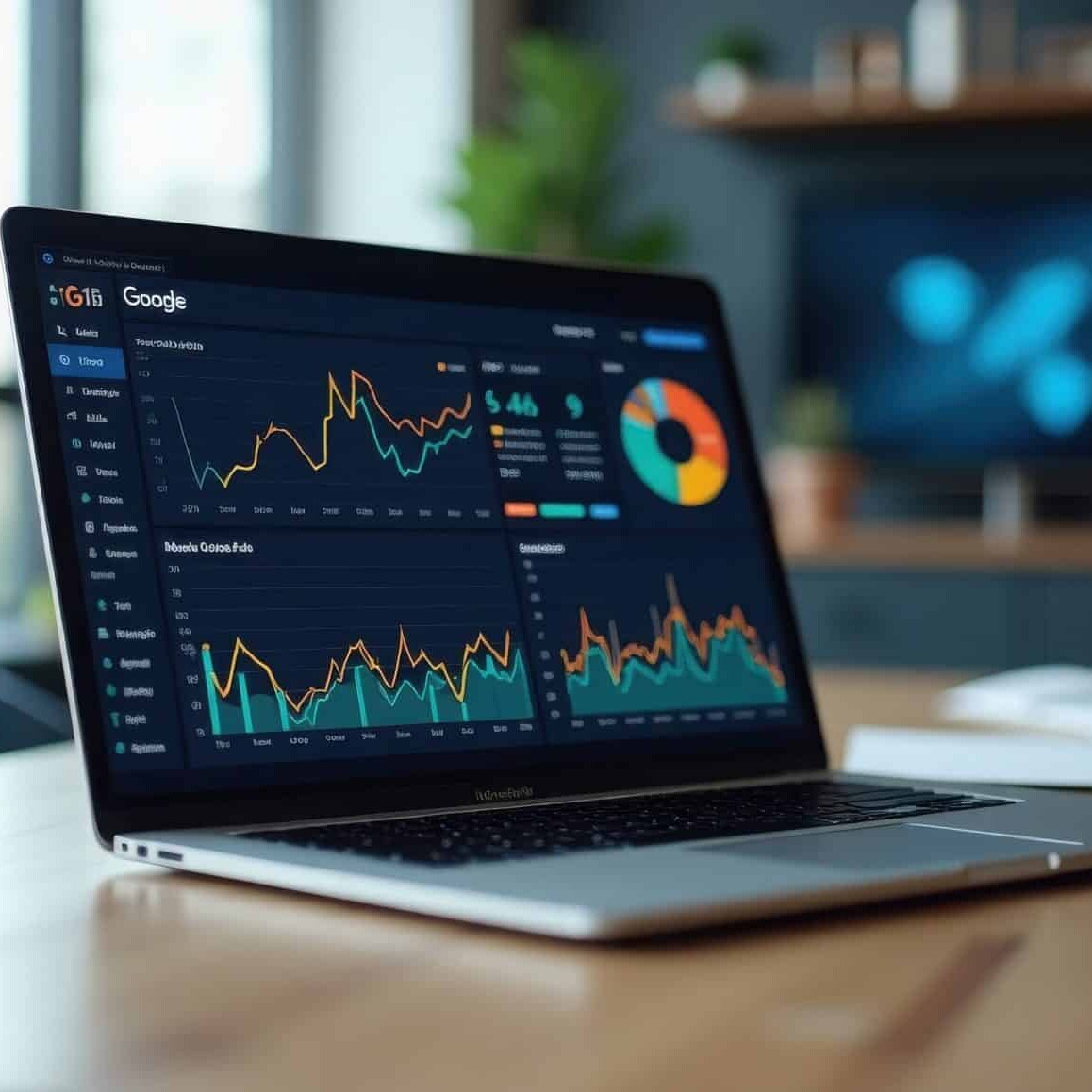 A laptop on a desk displays SEO Chelmsford analytics dashboards with charts and graphs in a modern office setting.