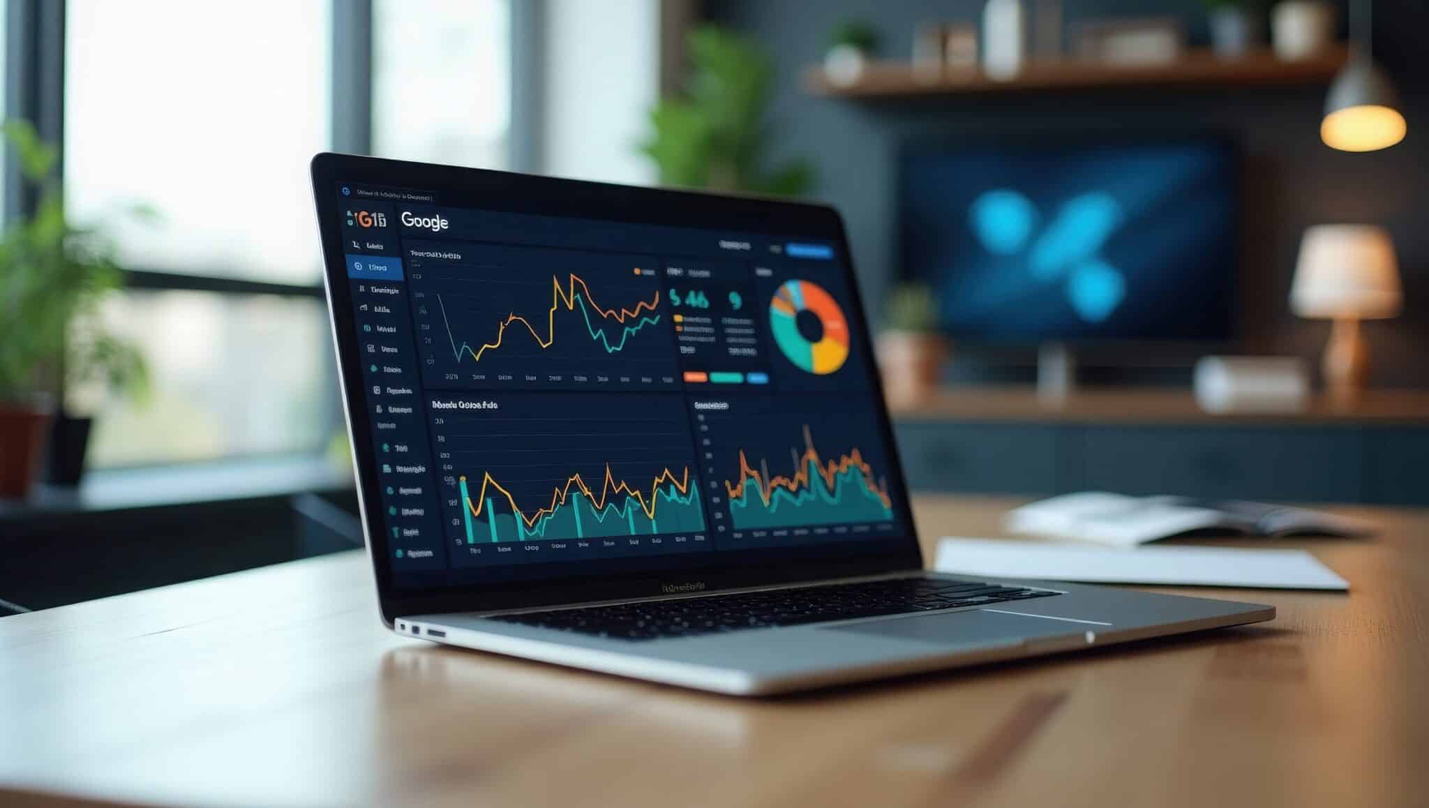 A laptop on a desk displays SEO Chelmsford analytics dashboards with charts and graphs in a modern office setting.