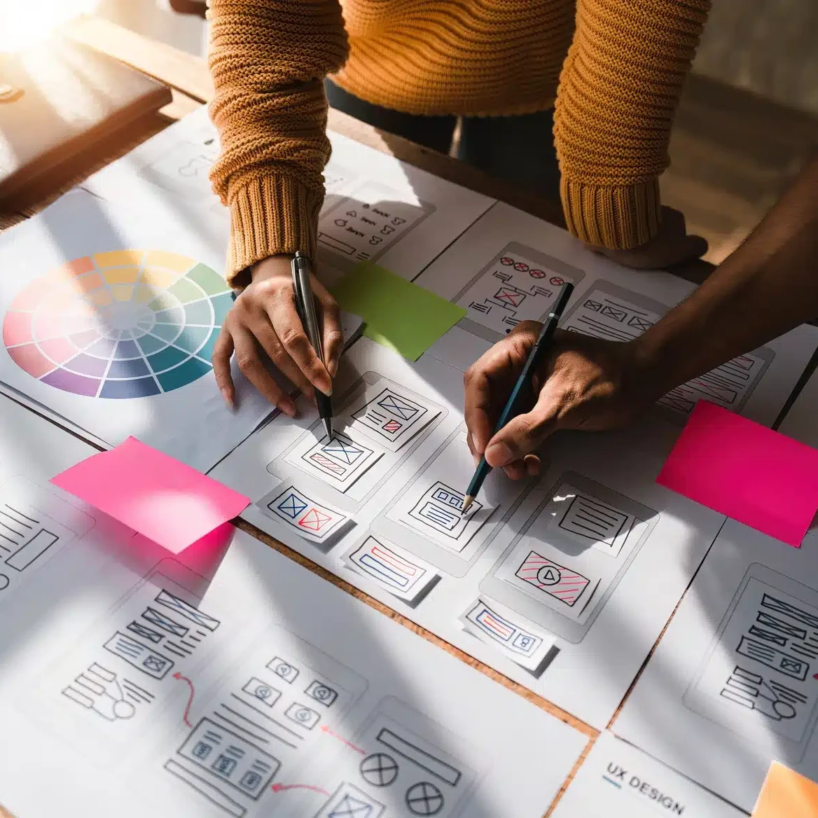 Two people work on website wireframe sketches at a wooden table covered with design papers, a color wheel, and sticky notes, exploring web design trends that could shape the future of web design.
