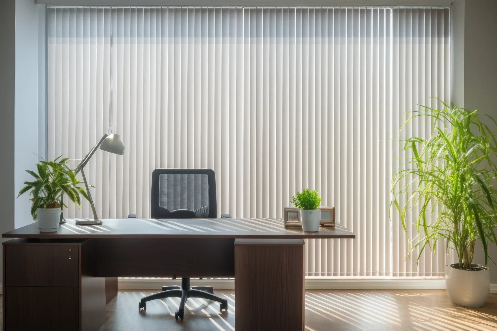 A modern office with a wooden desk, desk chair, desk lamp, three potted plants, and large office blinds covering a window, with sunlight filtering in.