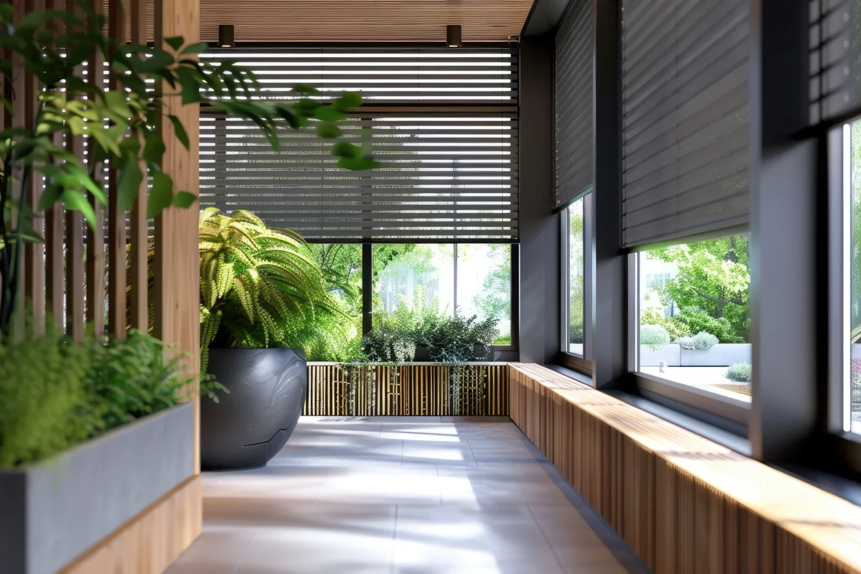 A modern indoor hallway with large windows, wooden accents, potted green plants, and natural light streaming through partially closed office blinds.