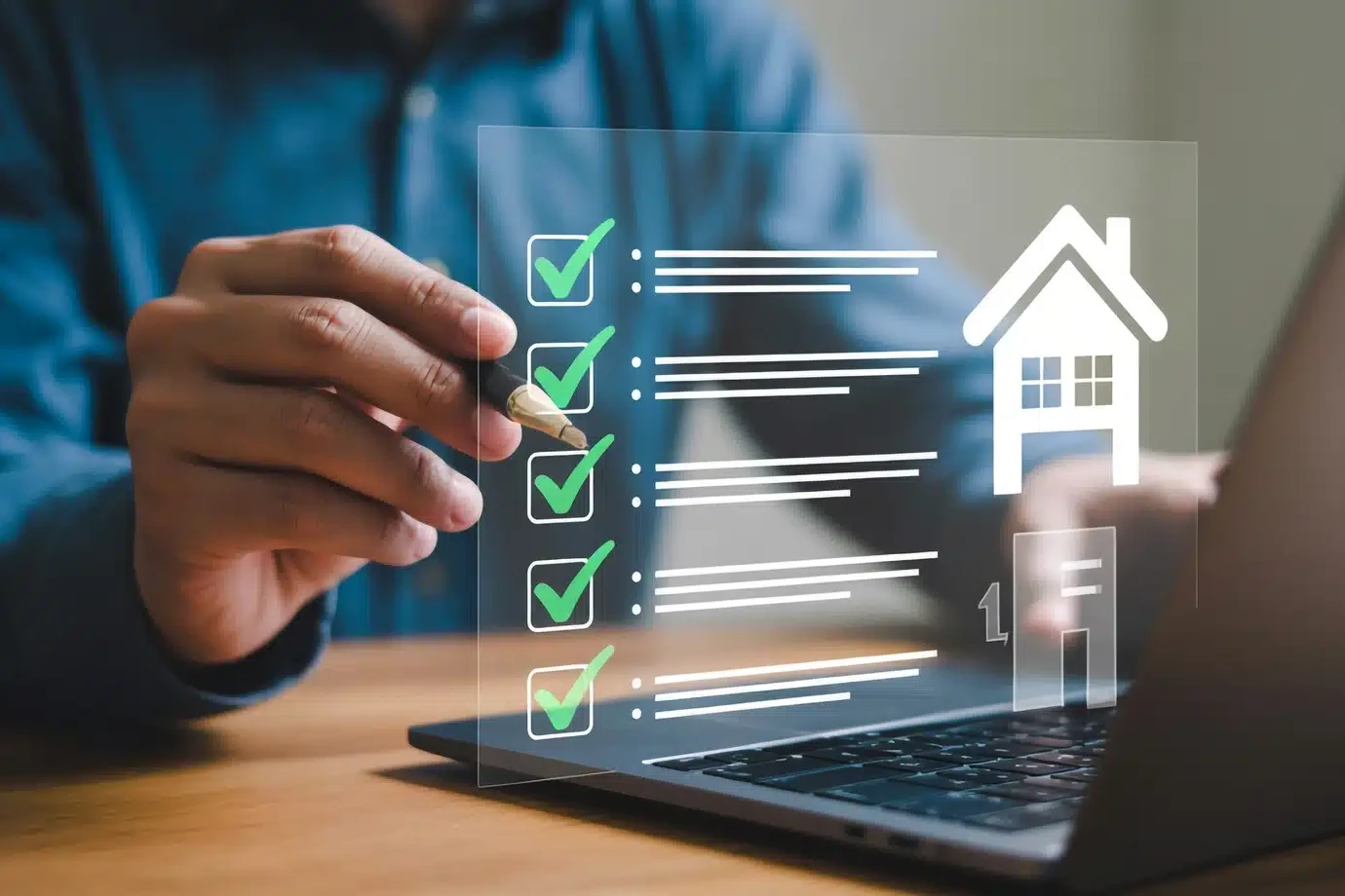 A person using Compliance Assistant to review a digital checklist with green tick marks and a house icon on a laptop screen.