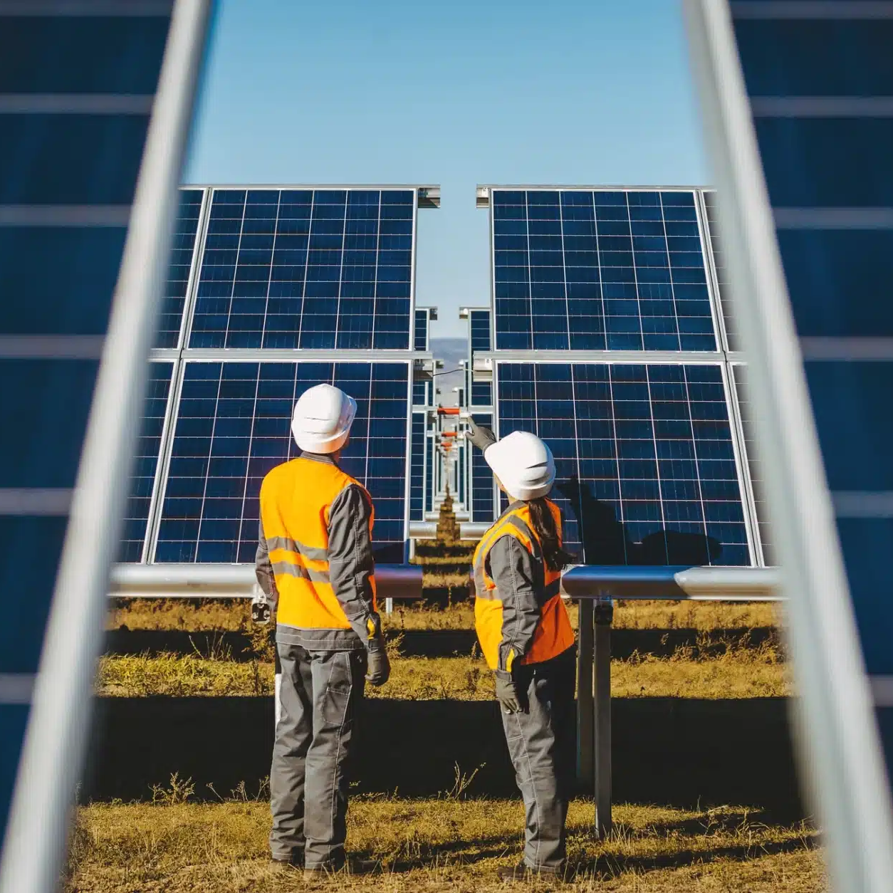 Two workers in orange safety vests and helmets, including a Compliance Assistant, stand in front of large solar panels at a solar power facility under a clear sky.
