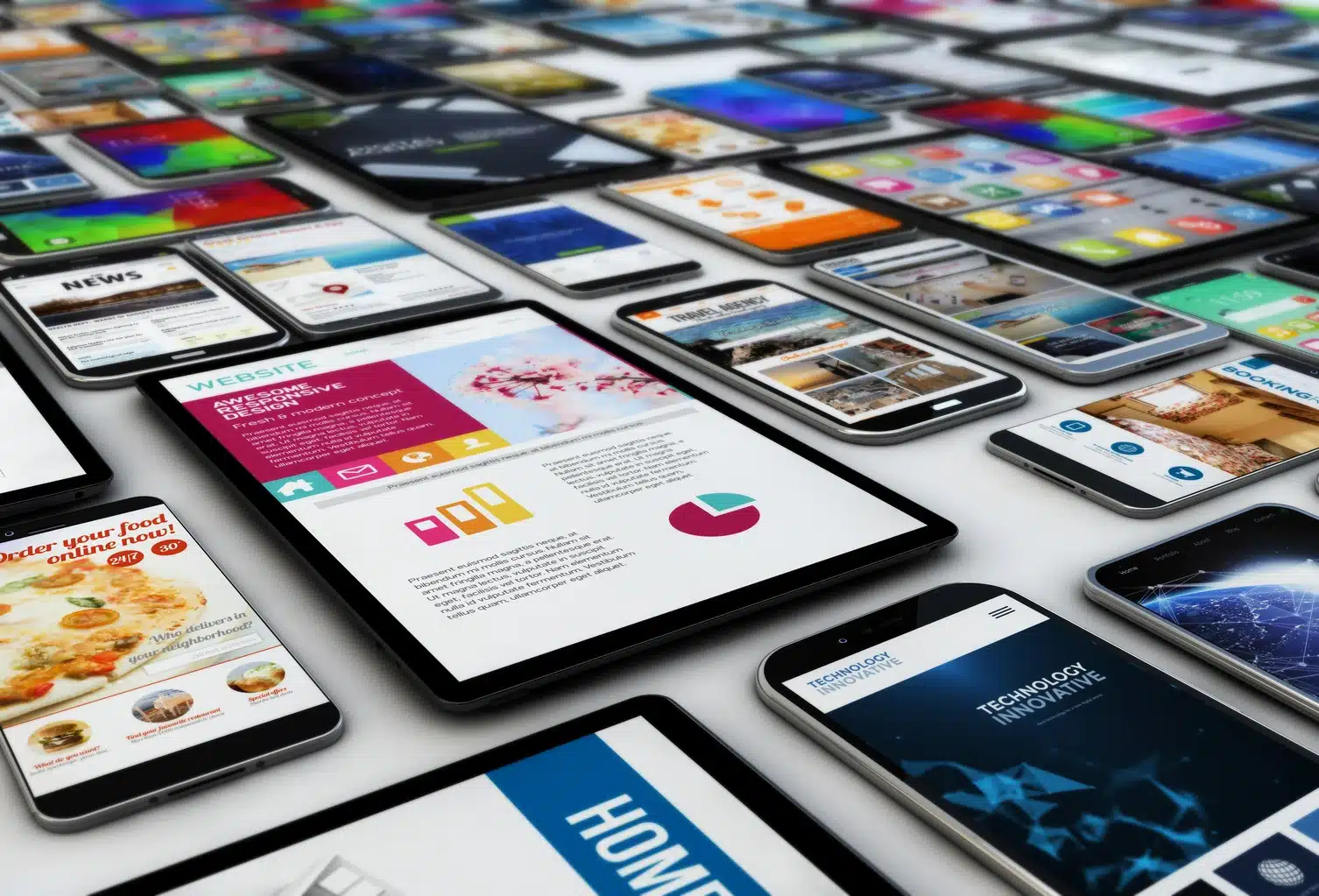 Multiple smartphones and tablets are displayed on a white surface, each showing different apps and websites, illustrating a variety of digital content and reflecting how website development cost may evolve by 2026.