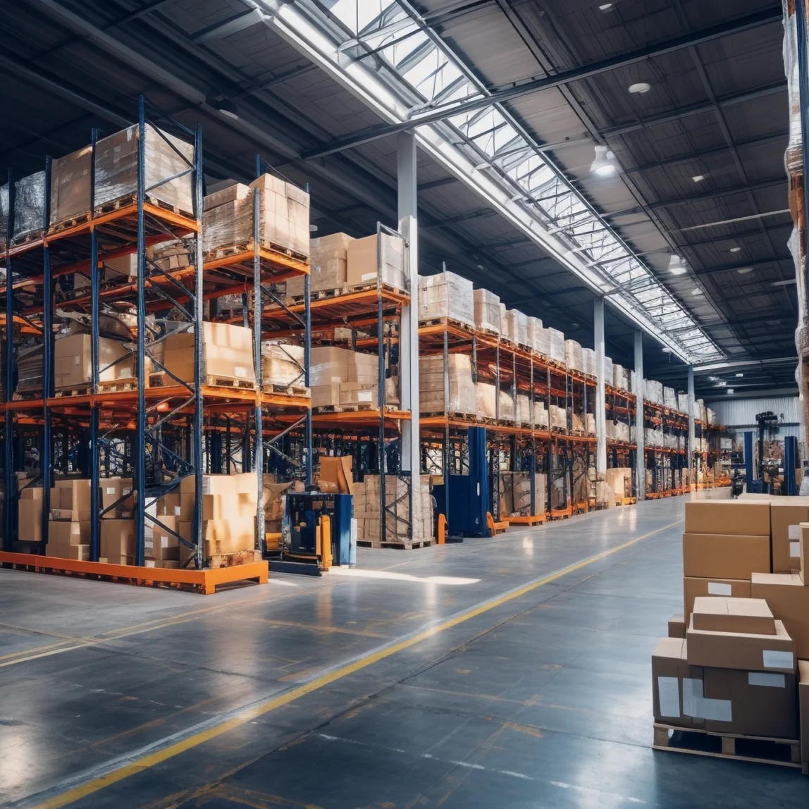 Large warehouse interior with tall shelves filled with cardboard boxes and packages, organised on metal racks under bright industrial lighting—perfectly suited for inventory assessments by Axia Valuation Services.