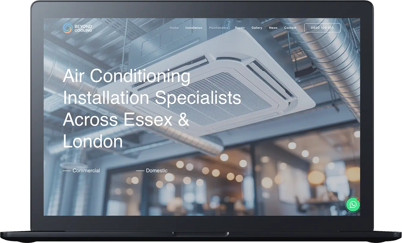 Laptop screen displaying a website for air conditioning installation specialists serving Essex and London, featuring an image of a ceiling-mounted AC unit in a modern interior—showcasing solutions that go beyond cooling for year-round comfort.