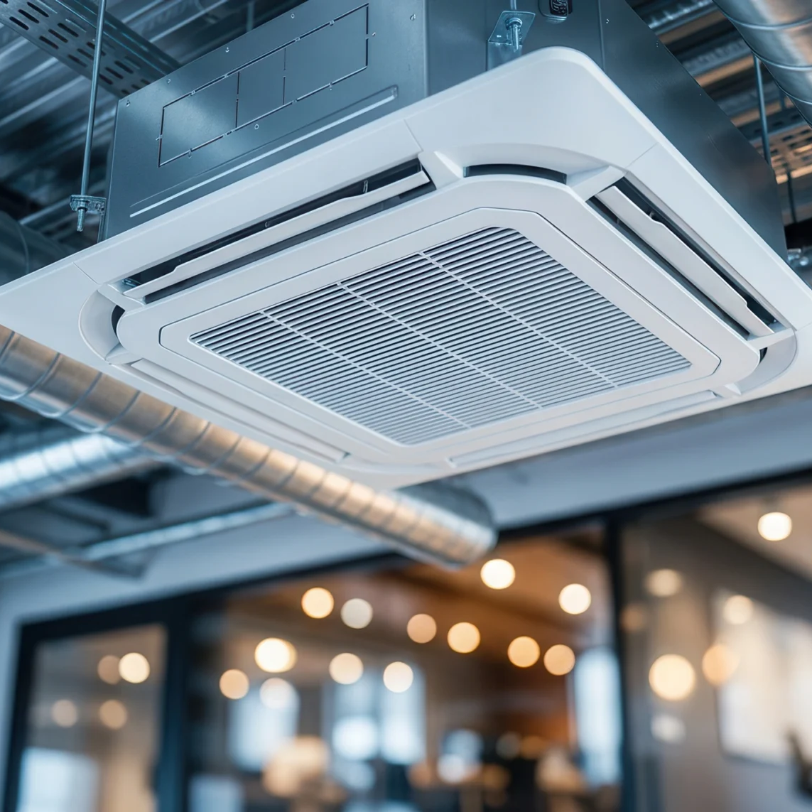 Ceiling-mounted air conditioning unit surrounded by exposed metal ducts in a modern office interior with glass walls and blurred lights, offering comfort that goes Beyond Cooling.