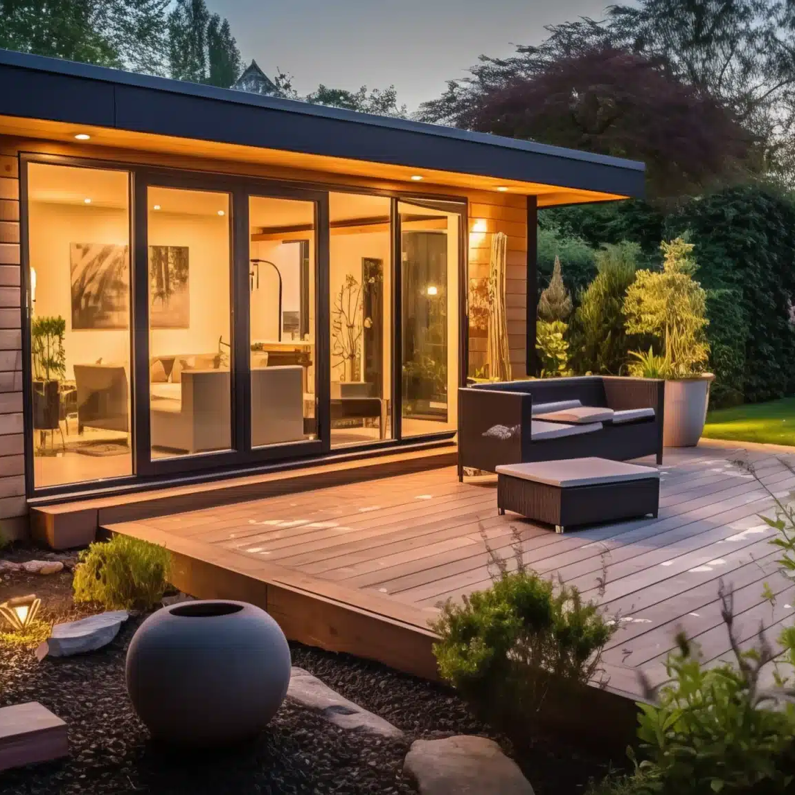 Modern garden room with large glass doors, wooden decking, and outdoor seating, surrounded by expertly landscaped plants by Blueberry Landscapes and illuminated by warm lights at dusk.